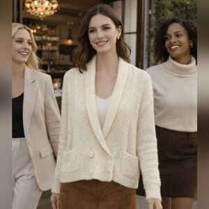 Vtg Beldoch Popper 80s Fisherman Womens S Ivory Knit Sweater Cardigan Oversized